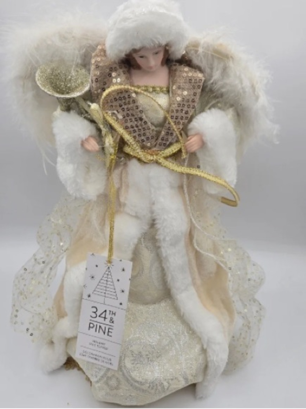 34th & Pine Plush White and Gold Angel Tree Topper - Luxe Holiday Accent